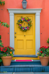 Welcoming Vibrant Entrance with Floral Wreath and Clean Steps Inviting You In