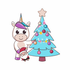 Naklejka premium Gnome and Unicorn, cheerful unicorn stands beside decorated Christmas tree with gnome, spreading joy and festive spirit