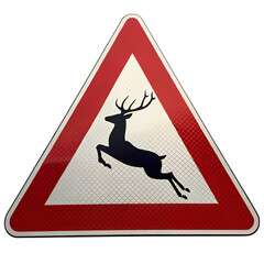 Deer Crossing Sign: A triangular traffic sign warns of deer crossing, with a stylized silhouette of a deer leaping against a reflective background. Generative AI.