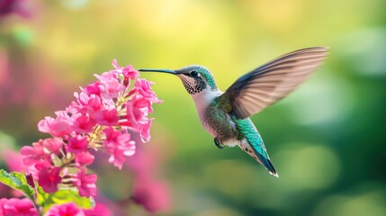 Hummingbird feeding on flower in garden. Possible use Nature, wildlife, springtime