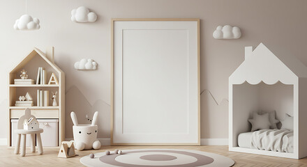 Frame mockup, ISO A paper size. Kids Room wall poster mockup. Interior mockup with house background. Modern interior design. 3D render