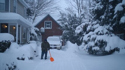 Man shoveling snow driveway, suburban home, winter storm