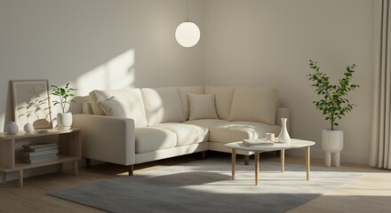 Interior Living Room with Comfortable Couch, Table and Plant in Natural Light