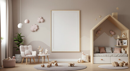 Frame mockup, ISO A paper size. Kids Room wall poster mockup. Interior mockup with house background. Modern interior design. 3D render