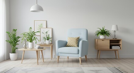 Light blue armchair in a well decorated and bright living room interior