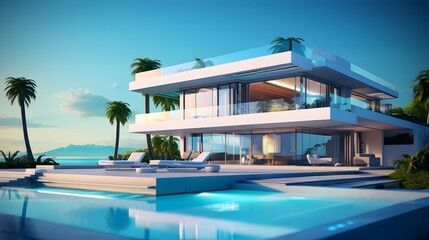 A breathtaking modern villa overlooking a tranquil ocean, exuding luxury and serenity with a stunning infinity pool and vibrant tropical landscaping under a sunset sky.