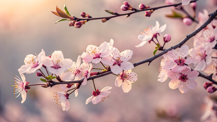 Fototapeta premium Cherry blossom branch in full bloom with intricate pink petals and soft light