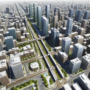 Aerial View of Modern Cityscape with Elevated Train Tracks