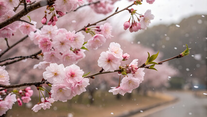 Obraz premium Delicate cherry blossom branch in full bloom with soft pink petals