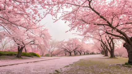 Obraz premium Tranquil cherry blossom path with pink trees and scattered petals on the ground
