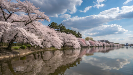 Tranquil cherry blossom reflection in water with soft ripples and warm light