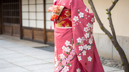 Naklejka premium Elegant traditional kimono displayed under blooming cherry blossoms with soft pink petals