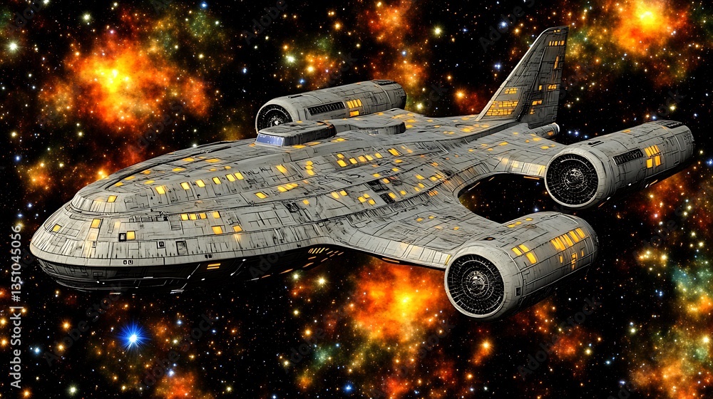 Poster A futuristic spacecraft traversing through the vast expanse of outer space