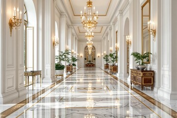 Fototapeta premium Grand palace hallway with chandeliers, marble flooring, and elegant décor, featuring gold accents and lush plants, creating a bright and luxurious background. Ai generative