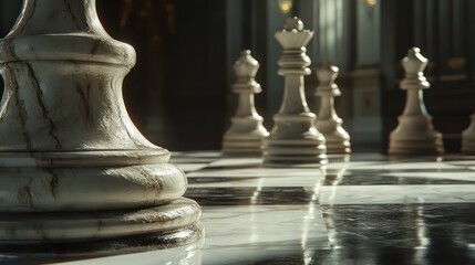 Marble chess pieces on grand board, palace background, strategic game concept