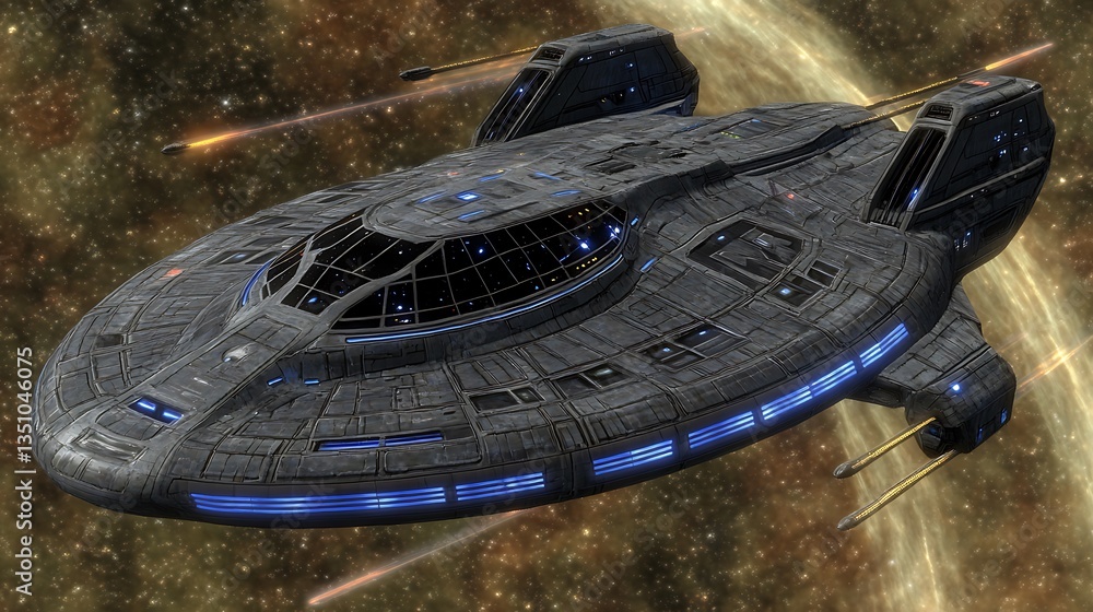 Poster futuristic spaceship design in deep space with some explosions involved