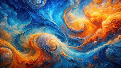 Vibrant swirling patterns of blue and orange hues blend together in a mesmerizing dance across a textured canvas , swirl, pattern