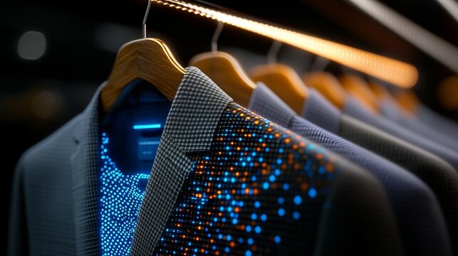 Stylish suits hanging on wooden hangers with illuminated digital patterns.