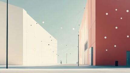 Minimalist urban scene; modern architecture; empty street; sunny day; stock photo