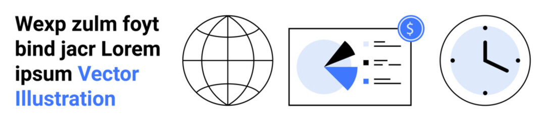 Circular globe grid, pie chart with data points, clock face, and text. Ideal for business, analytics, time management, global reach, financial planning productivity and simple landing page