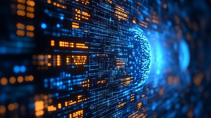 Abstract Digital Data Flow Futuristic Blue and Orange Binary Code Sphere