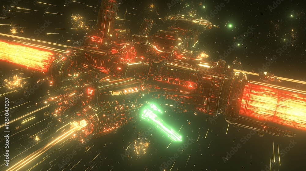 Poster a futuristic spacecraft in a deep space environment with lights