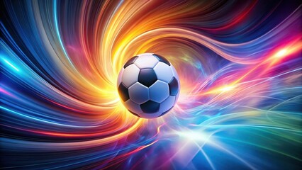 Obraz premium Vibrant abstract background with swirling energy field and a glowing soccer ball suspended in mid-air, radiating an aura of dynamism and movement , Vibrance, Glowing Object