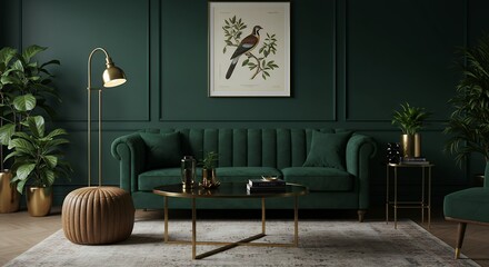 Elegant living room showcases dark green sofa with botanical artwork display