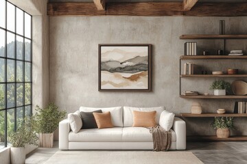 Obraz premium Cozy neutral living room with abstract art and open shelves