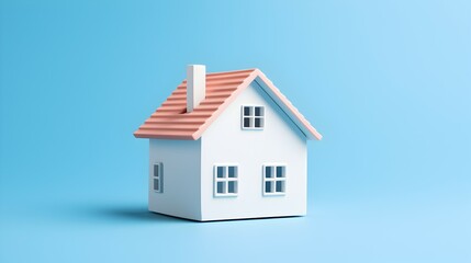 A charming little house model, a symbol of dreams and new beginnings, sits against a serene light blue backdrop.