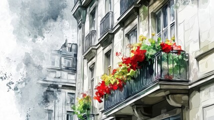 Charming Parisian Balcony with Vibrant Flowers Watercolor Painting, Architectural Beauty in France
