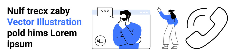 Man thinking during virtual chat, woman pointing upward, and phone icon conveying communication. Ideal for remote work, contact, brainstorming, support, digital tools, connection simple landing page