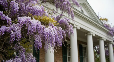 Obraz premium Beautiful wisteria blossoms cascading over a historic building with columns, creating a serene atmosphere - plantaion homes | plantation house