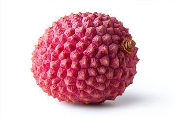 Close-up of a lychee with emphasis on detail against white background.