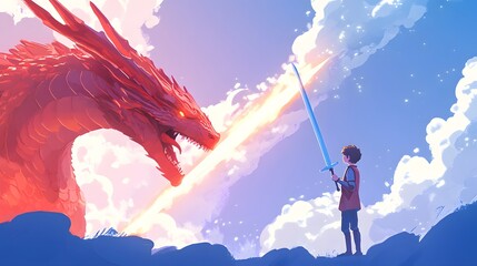 A teenage boy with a sword facing off against a dragon
