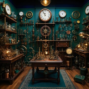 Antique Clock Collection in Steampunk Room