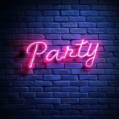 Pink Neon Party Sign on Dark Brick Wall Background Festive Nightclub Decor
