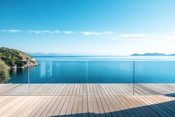 Ocean view from wooden deck, clear day, luxury resort