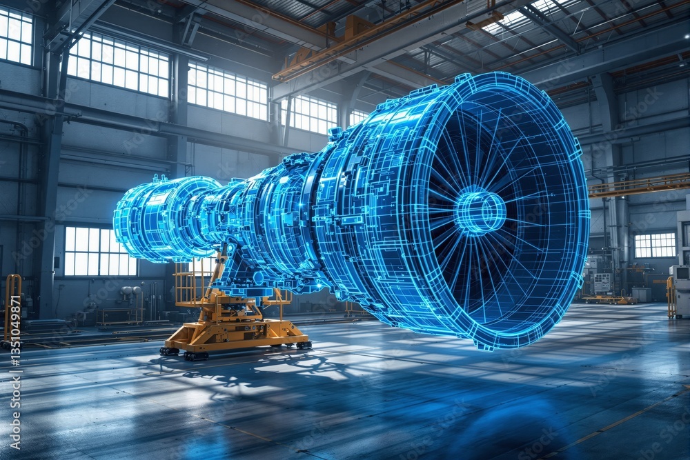 Poster high-tech holographic blueprint of a jet engine in a spacious industrial factory background, illumin