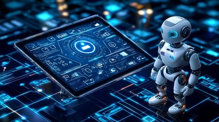 Robot beside digital tablet