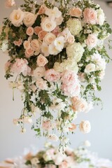 Elegant hanging floral arrangement featuring soft pastel roses and greenery for a special event in a modern venue