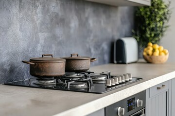 A kitchen counter with an old-fashioned stovetop and heavy pots, placed beside modern, energy-efficient induction stoves and smart appliances. 