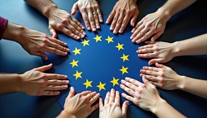 Multiple hands arranged around a circle of yellow stars on a blue background evoke unity, cooperation, and the shared values of the European Union, celebrated on Europe Day
