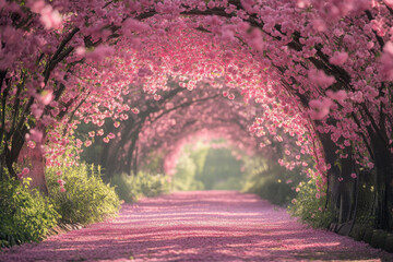 Romantic cherry blossom archway with petals scattered along the path
