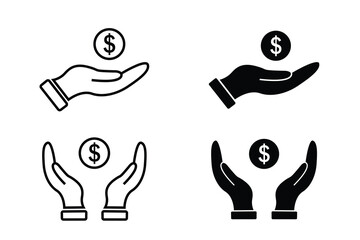 Money in hand icons and hands holding dollar coin flat vector icon set illustration isolated on white background. hands holding dollar logo and art work.
