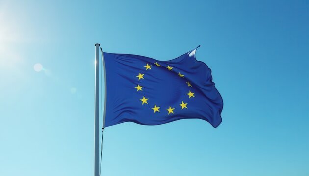 A fluttering European Union flag with gold stars on a blue backdrop, symbolizing unity and peace, set against a bright, serene sky, celebrating Europe Day and its shared values