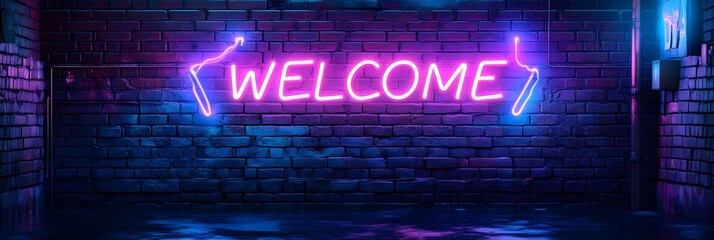 Vibrant Neon Welcome Sign on Brick Wall Night Purple Pink Blue Glowing Lights Urban Background