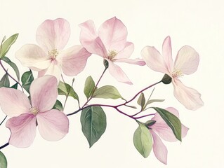 Delicate Pink Dogwood Blossoms Branch Watercolor Botanical Art Spring Flowers