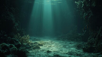Underwater Scene Sunbeams Illuminate Ocean Floor Coral Reef