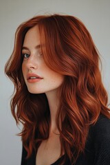 Naklejka premium Young woman with wavy red hair poses gracefully against a neutral background showcasing her natural beauty in an indoor setting during daylight